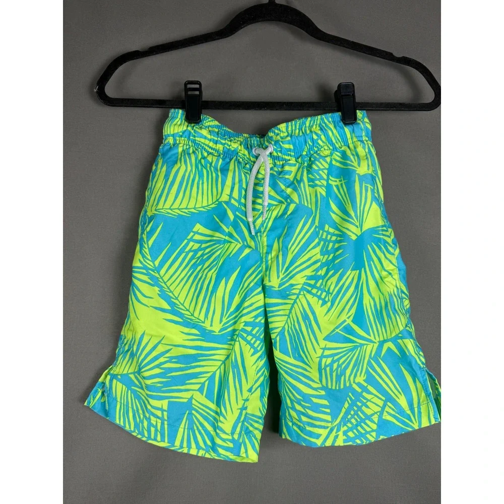 Place Sport Swim Set Kids Size M 7/8 Neon Yellow Blue Palm Tropical Rash Guard